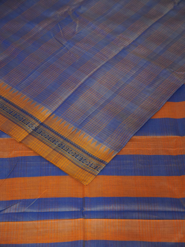 Sky Blue Orange Traditional Handloom Cotton Saree