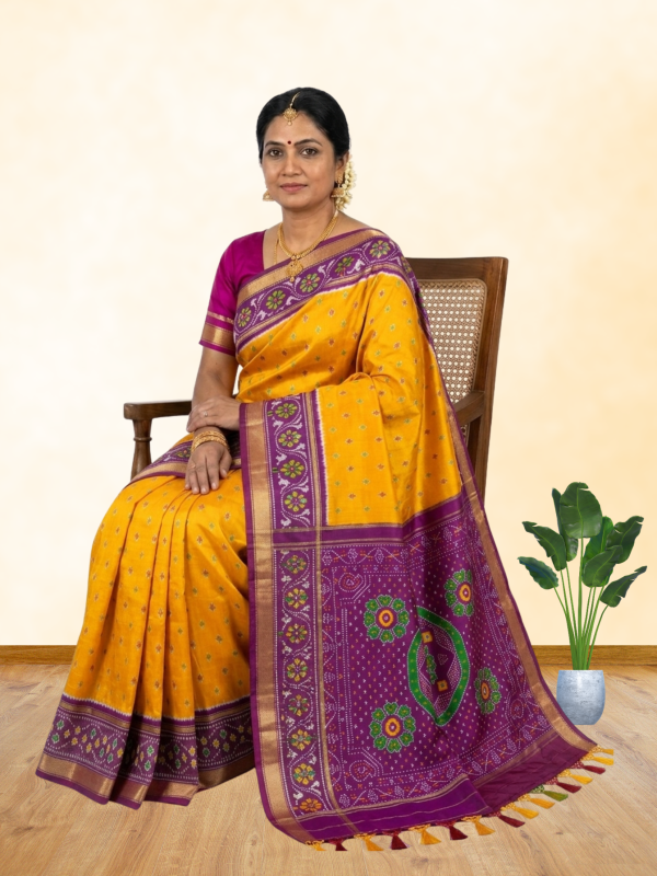 Mustard yellow purple pallu handloom pochampally ikat silk saree