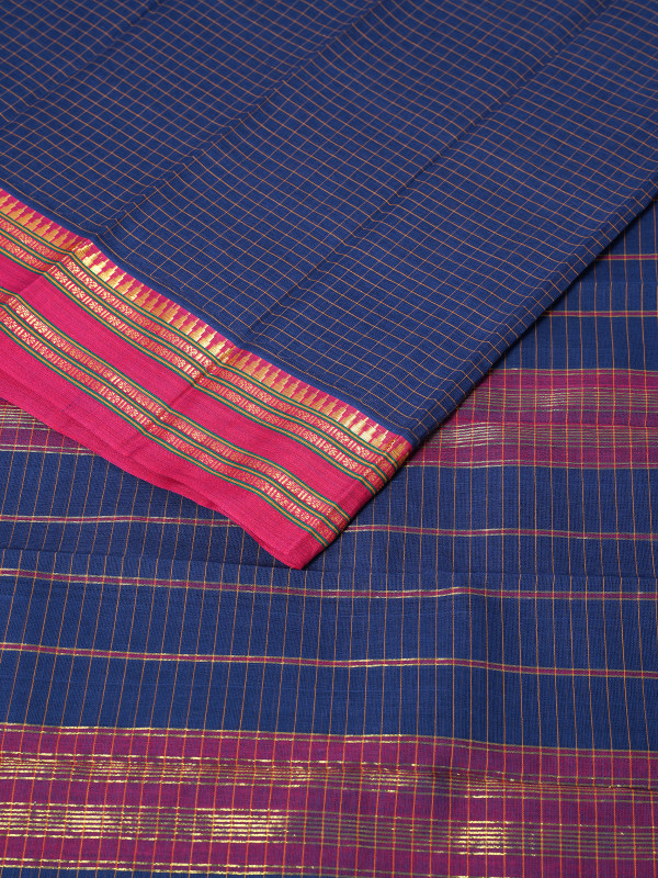 Traditional Blue Pink Border Cotton Handloom Narayanpet Saree
