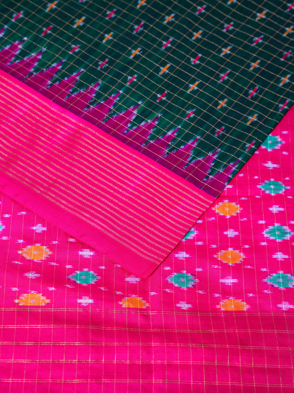 Handwoven green pink pochampally ikat silk saree