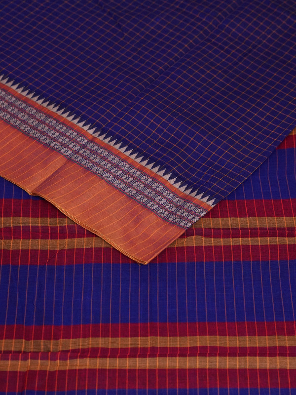 Self Check Blue Cotton Handloom Narayanpet Saree