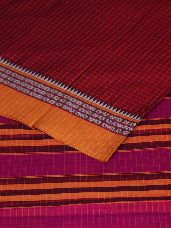 Self Check Maroon Cotton Handloom Narayanpet Saree